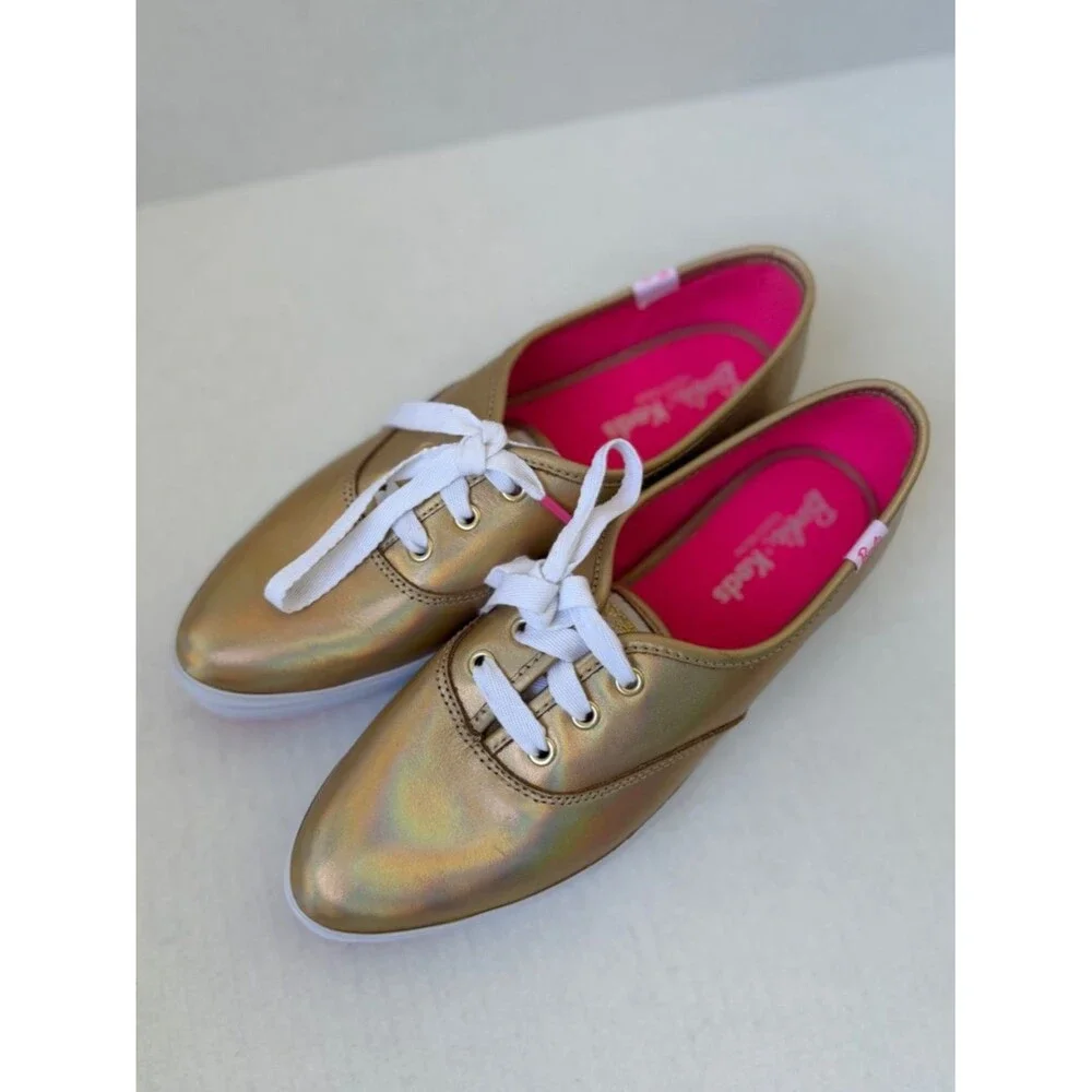 NWOB Barbie x Keds Women's Size 8 Pointed Platform Gold Metallic Sneakers